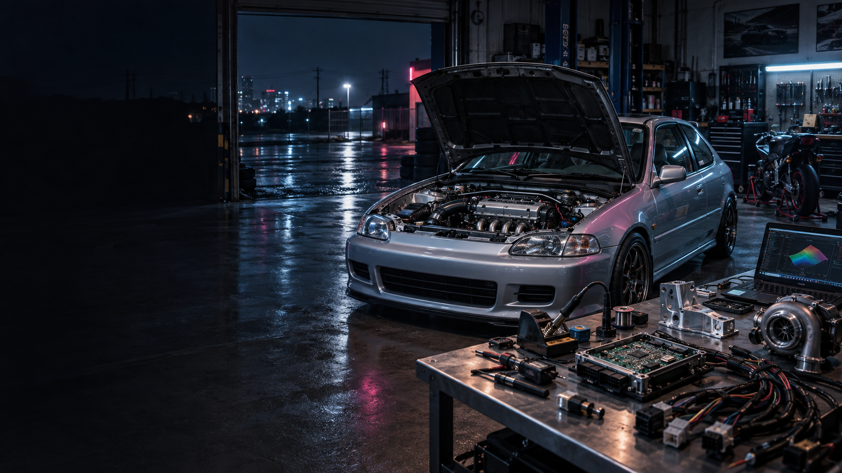 Golden-era performance car in an after-hours fabrication and tuning shop